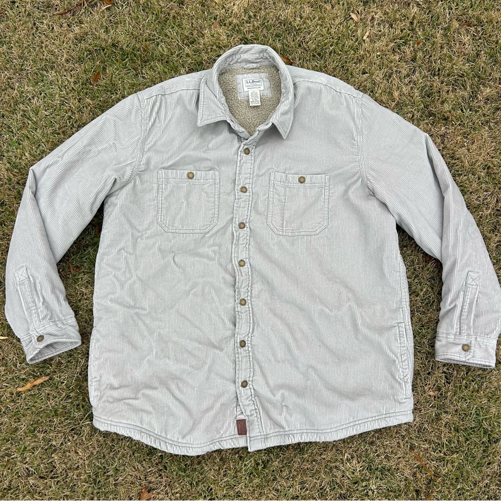 LL Bean Corduroy Sherpa Lined Shirt Jacket Men cream Traditional Fit Snap Up